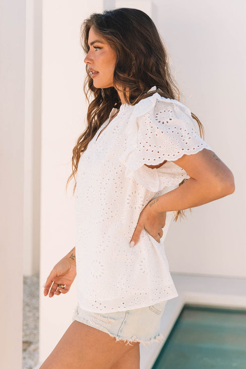 Sweetheart Eyelet Lace Ruffle Trim Short Sleeve Button Blouse