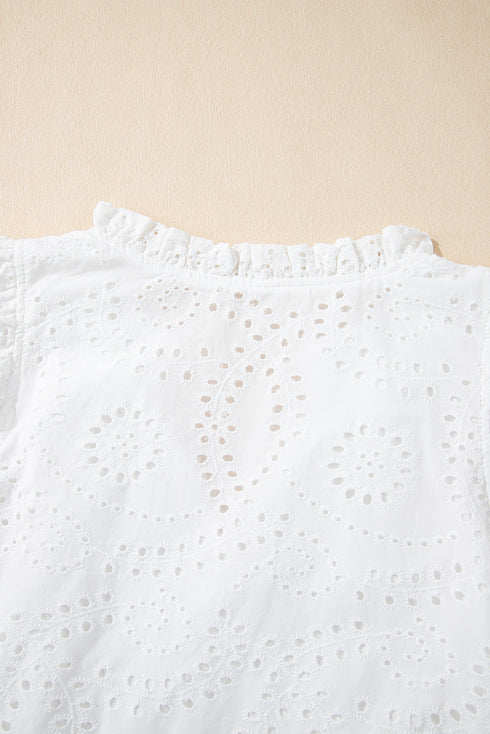 Sweetheart Eyelet Lace Ruffle Trim Short Sleeve Button Blouse