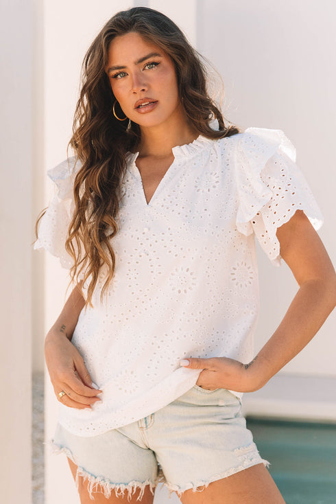 Sweetheart Eyelet Lace Ruffle Trim Short Sleeve Button Blouse