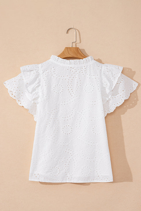 Sweetheart Eyelet Lace Ruffle Trim Short Sleeve Button Blouse