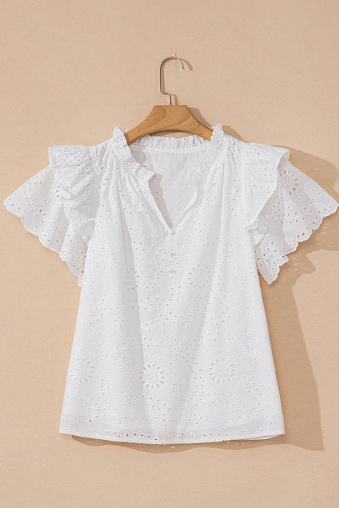 Sweetheart Eyelet Lace Ruffle Trim Short Sleeve Button Blouse