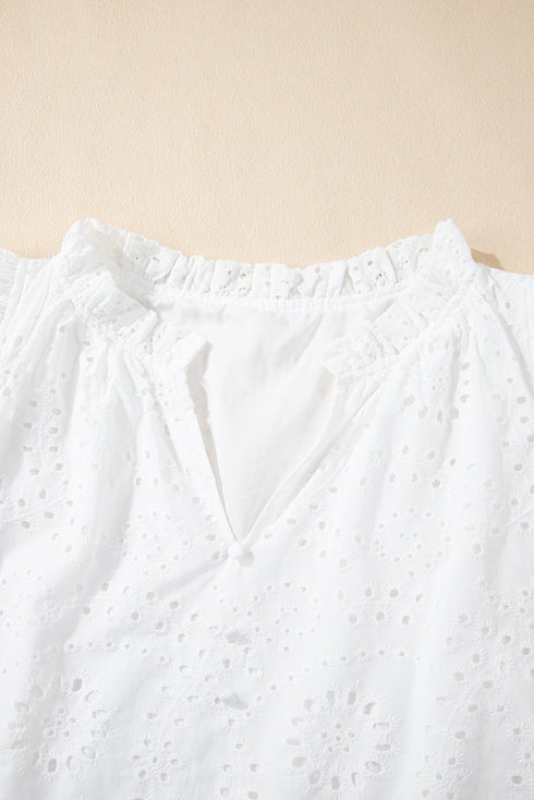 Sweetheart Eyelet Lace Ruffle Trim Short Sleeve Button Blouse