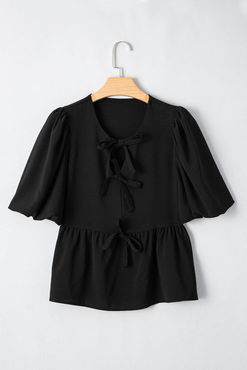 Sweetheart Neck Puff Sleeve Bow Tie Peplum Blouse