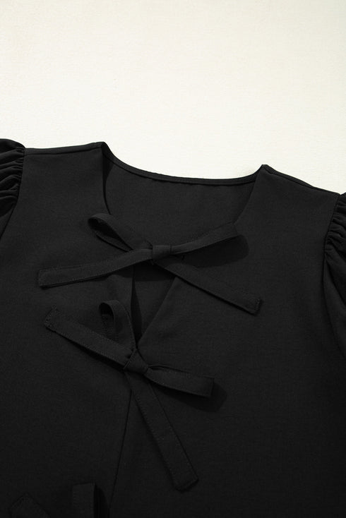Sweetheart Neck Puff Sleeve Bow Tie Peplum Blouse
