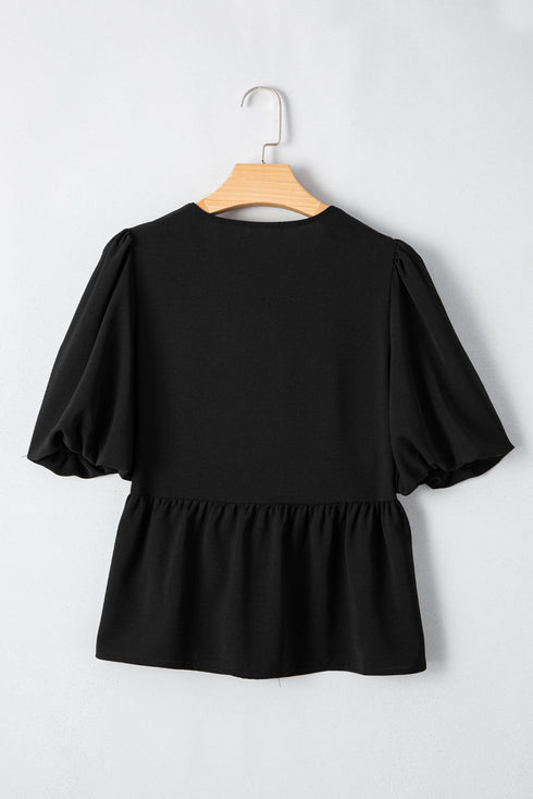 Sweetheart Neck Puff Sleeve Bow Tie Peplum Blouse