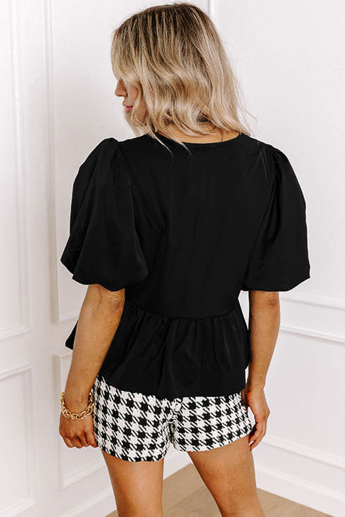 Sweetheart Neck Puff Sleeve Bow Tie Peplum Blouse