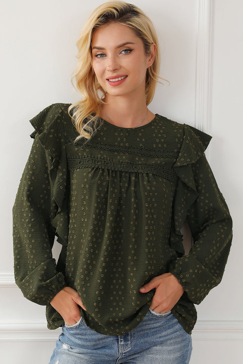 Swiss Dot Eyelet Ruffle Shoulder Long Sleeve Blouse
