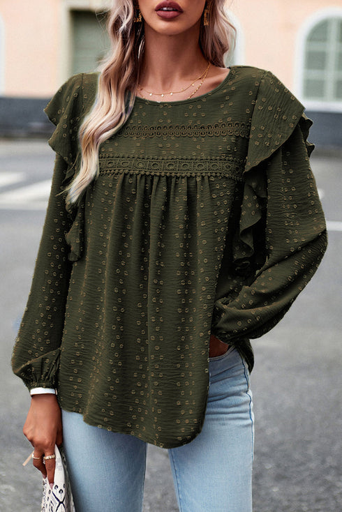 Swiss Dot Eyelet Ruffle Shoulder Long Sleeve Blouse