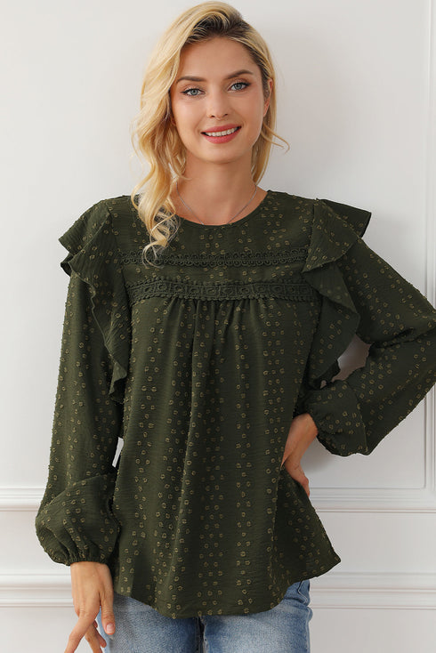 Swiss Dot Eyelet Ruffle Shoulder Long Sleeve Blouse