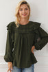 Swiss Dot Eyelet Ruffle Shoulder Long Sleeve Blouse