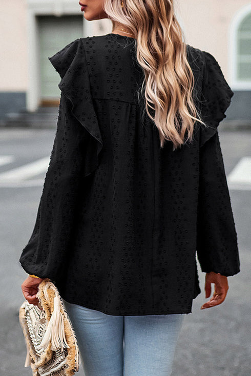 Swiss Dot Eyelet Ruffle Shoulder Long Sleeve Blouse