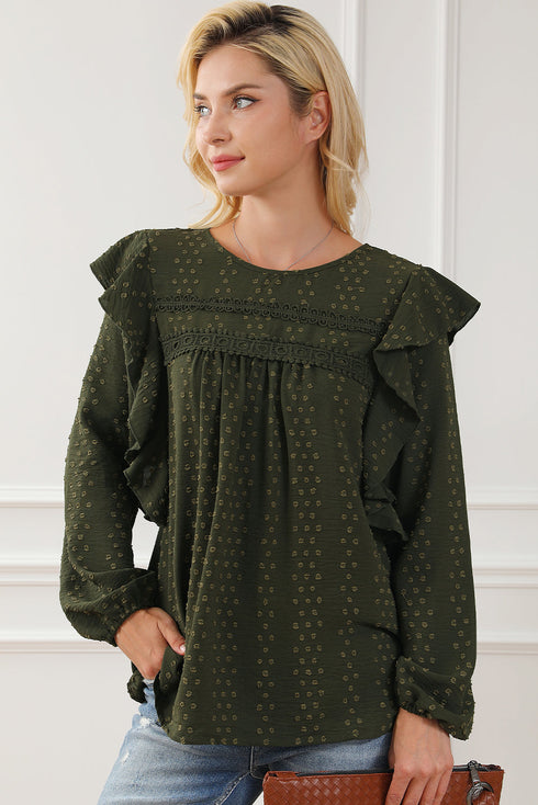 Swiss Dot Eyelet Ruffle Shoulder Long Sleeve Blouse