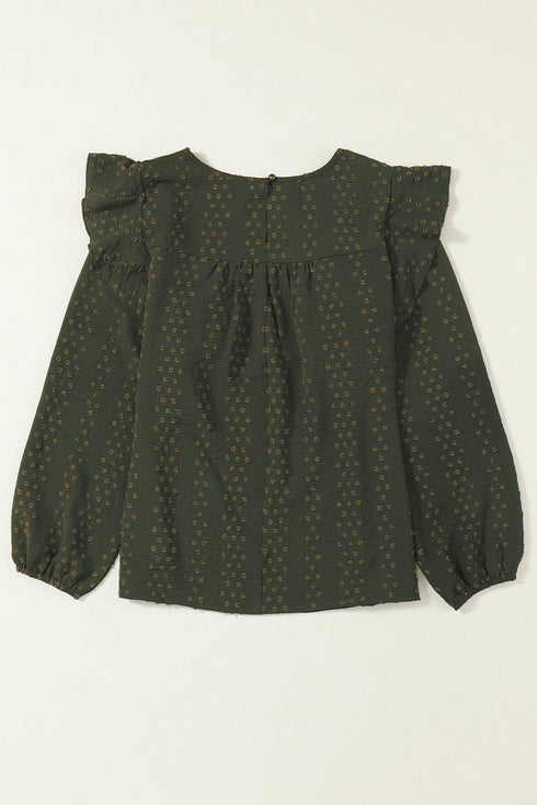 Swiss Dot Eyelet Ruffle Shoulder Long Sleeve Blouse