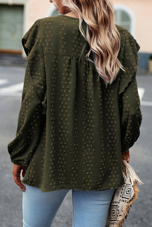 Swiss Dot Eyelet Ruffle Shoulder Long Sleeve Blouse