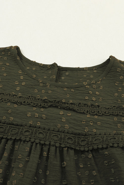 Swiss Dot Eyelet Ruffle Shoulder Long Sleeve Blouse