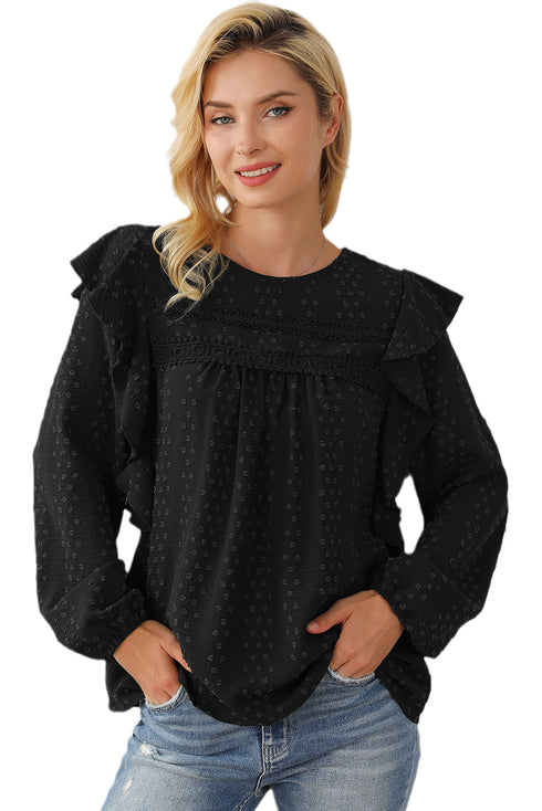 Swiss Dot Eyelet Ruffle Shoulder Long Sleeve Blouse
