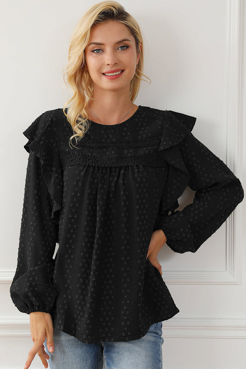 Swiss Dot Eyelet Ruffle Shoulder Long Sleeve Blouse