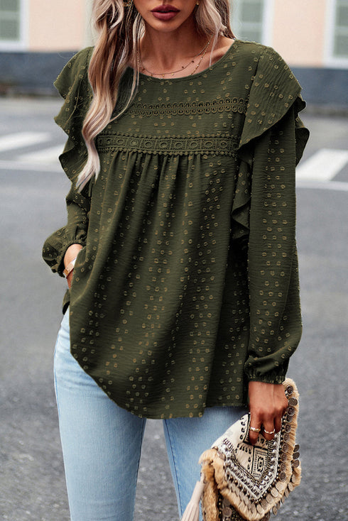 Swiss Dot Eyelet Ruffle Shoulder Long Sleeve Blouse