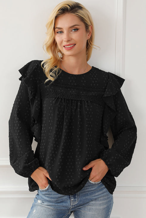 Swiss Dot Eyelet Ruffle Shoulder Long Sleeve Blouse
