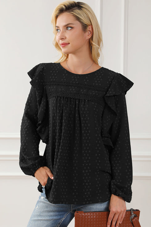 Swiss Dot Eyelet Ruffle Shoulder Long Sleeve Blouse