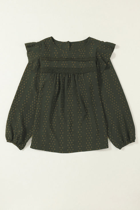 Swiss Dot Eyelet Ruffle Shoulder Long Sleeve Blouse
