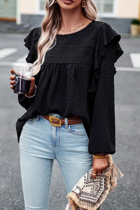 Swiss Dot Eyelet Ruffle Shoulder Long Sleeve Blouse