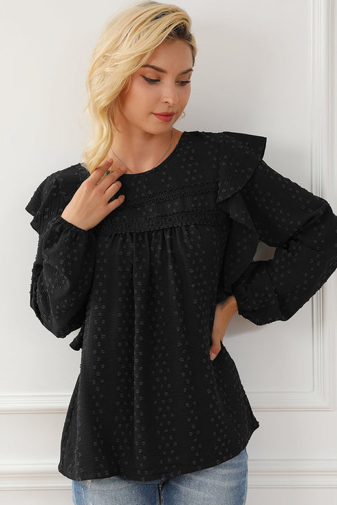 Swiss Dot Eyelet Ruffle Shoulder Long Sleeve Blouse