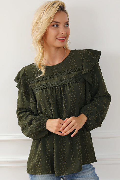 Swiss Dot Eyelet Ruffle Shoulder Long Sleeve Blouse