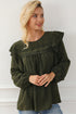 Swiss Dot Eyelet Ruffle Shoulder Long Sleeve Blouse