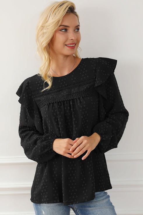 Swiss Dot Eyelet Ruffle Shoulder Long Sleeve Blouse