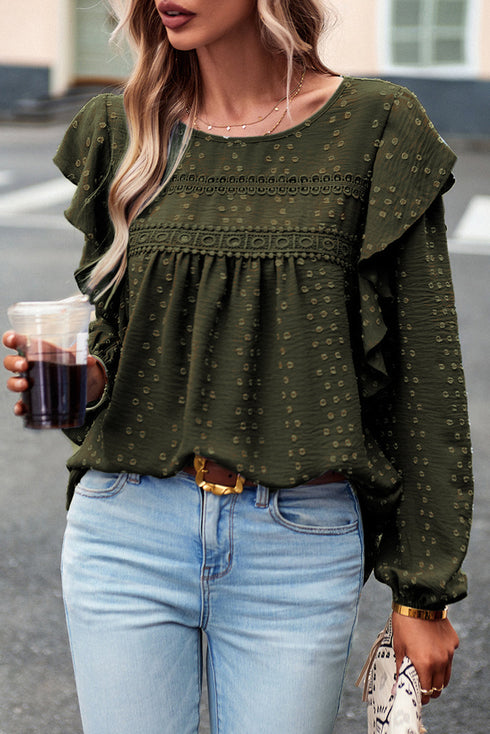 Swiss Dot Eyelet Ruffle Shoulder Long Sleeve Blouse
