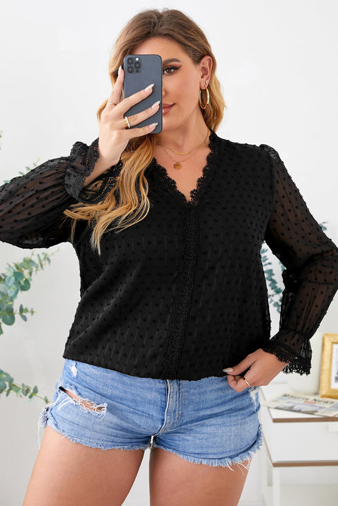 Swiss Dot Lace Splicing Plus Size Blouse