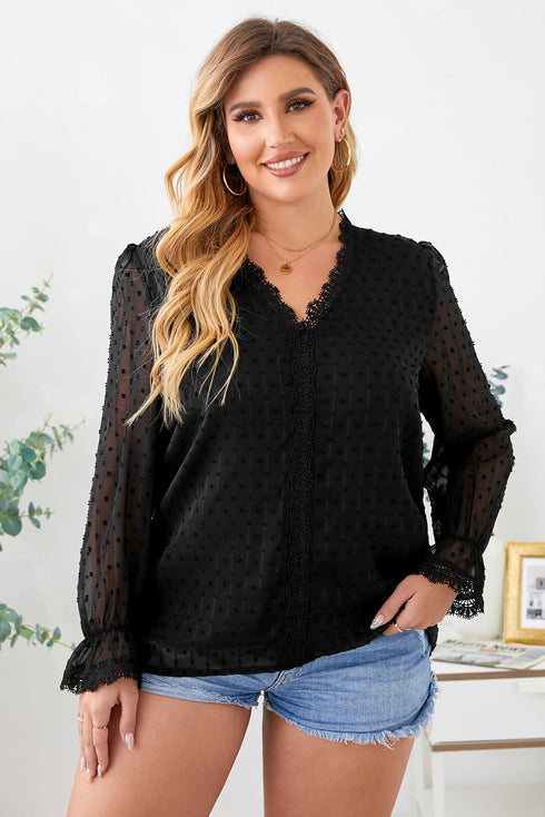 Swiss Dot Lace Splicing Plus Size Blouse