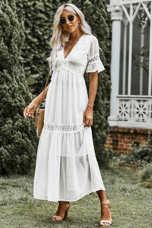 Swiss Dot Lace Trim Maxi Dress