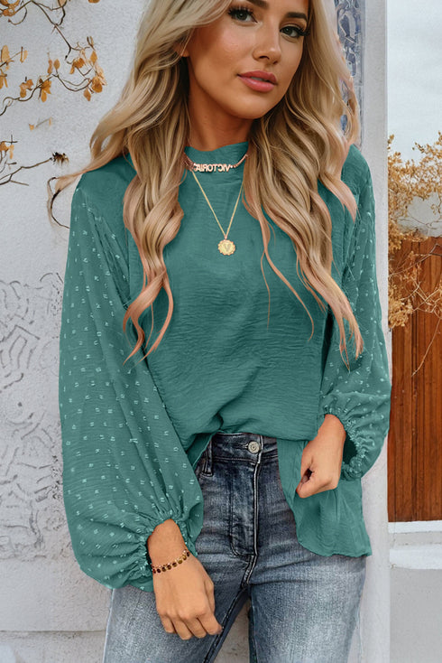 Swiss Dot Long Balloon Sleeve Loose Fit Blouse