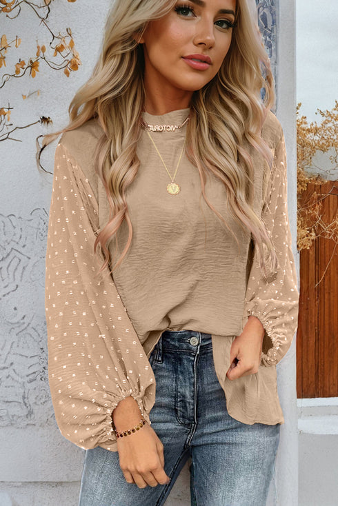 Swiss Dot Long Balloon Sleeve Loose Fit Blouse
