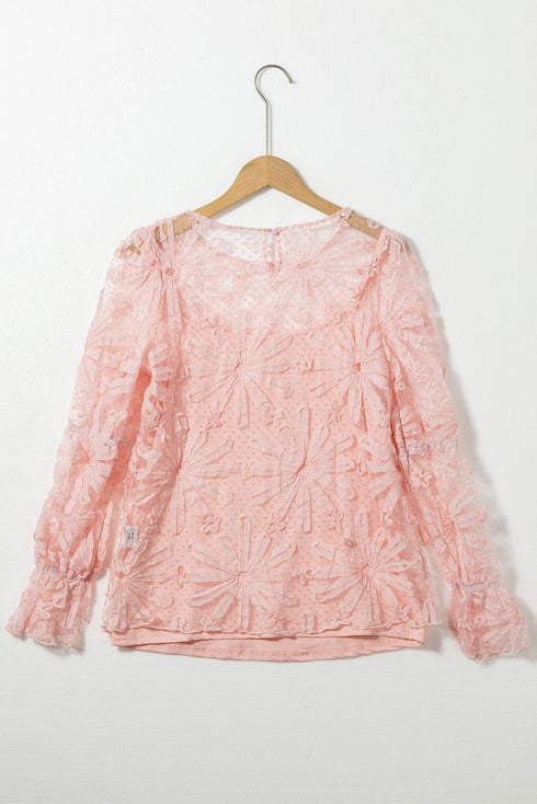 Swiss Dot Mesh Ruffled Sleeve Sheer Blouse