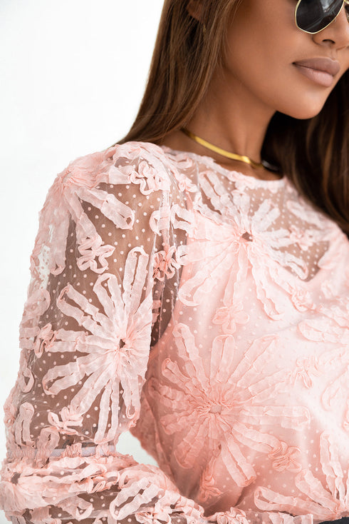 Swiss Dot Mesh Ruffled Sleeve Sheer Blouse