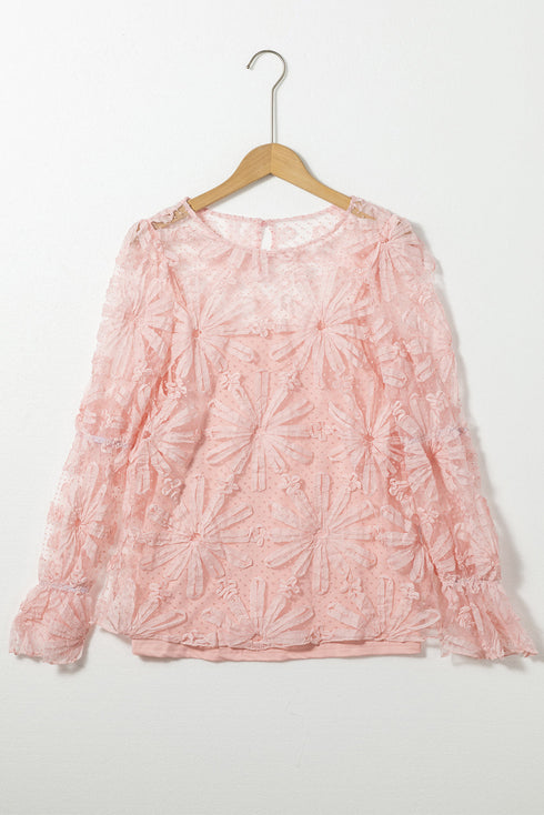 Swiss Dot Mesh Ruffled Sleeve Sheer Blouse