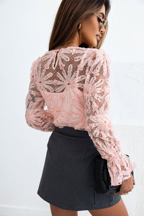 Swiss Dot Mesh Ruffled Sleeve Sheer Blouse