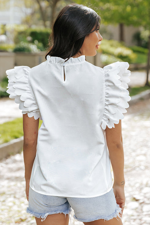 Swiss Dot Textured Scalloped Ruffle Sleeve V Neck Blouse