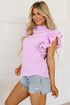 Swiss Dot Textured Scalloped Ruffle Sleeve V Neck Blouse