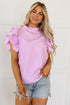 Swiss Dot Textured Scalloped Ruffle Sleeve V Neck Blouse