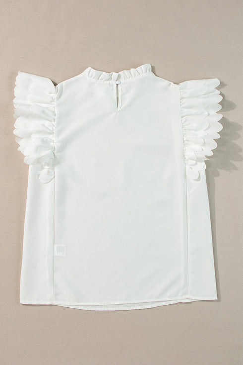Swiss Dot Textured Scalloped Ruffle Sleeve V Neck Blouse