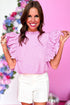 Swiss Dot Textured Scalloped Ruffle Sleeve V Neck Blouse