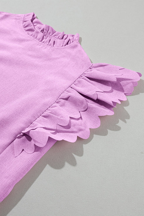 Swiss Dot Textured Scalloped Ruffle Sleeve V Neck Blouse