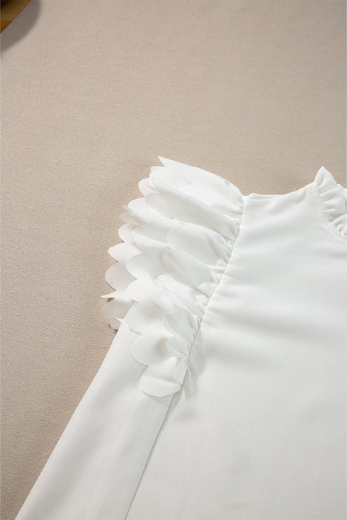 Swiss Dot Textured Scalloped Ruffle Sleeve V Neck Blouse