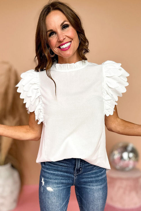 Swiss Dot Textured Scalloped Ruffle Sleeve V Neck Blouse