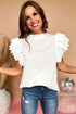 Swiss Dot Textured Scalloped Ruffle Sleeve V Neck Blouse
