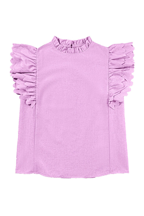 Swiss Dot Textured Scalloped Ruffle Sleeve V Neck Blouse